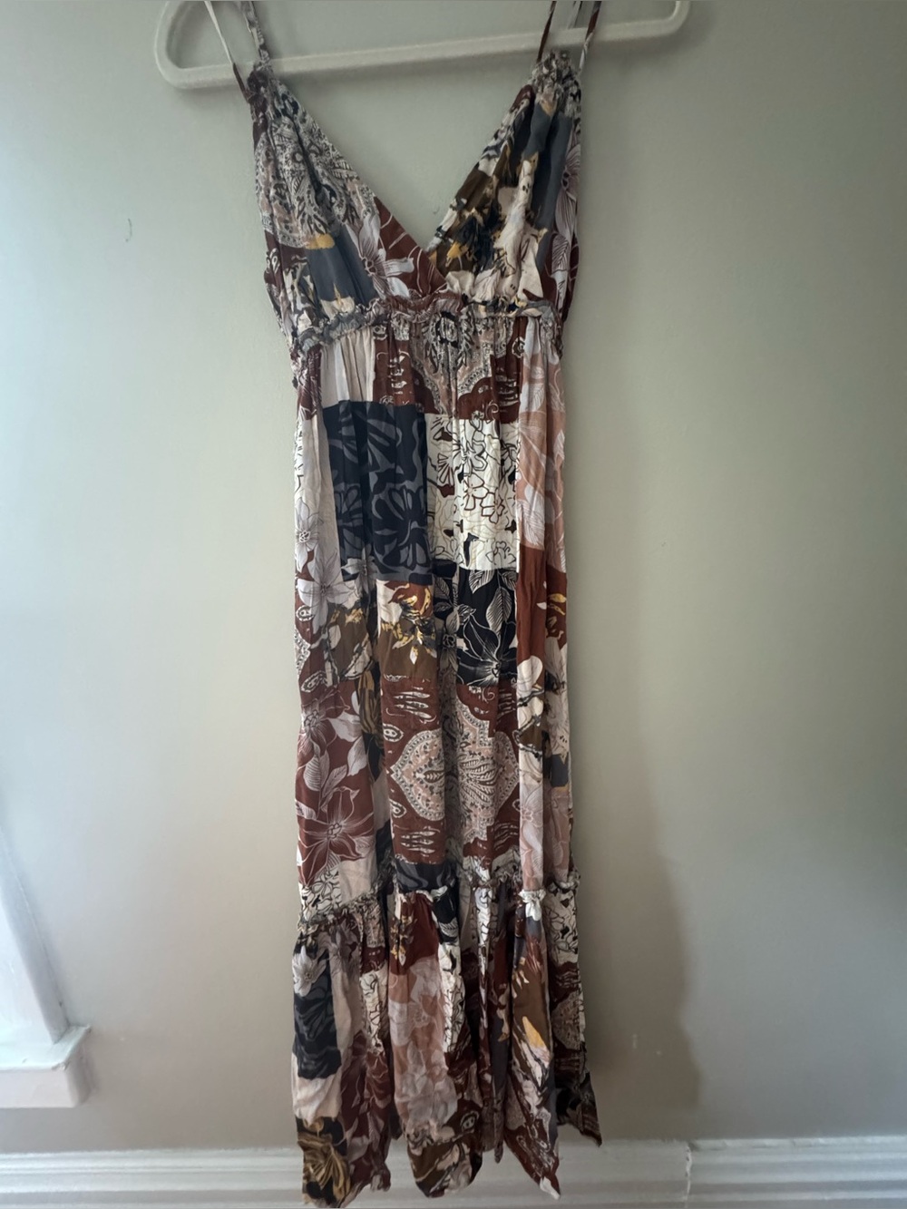 Brown Floral Patchwork Maxi Dress with V-Neck
